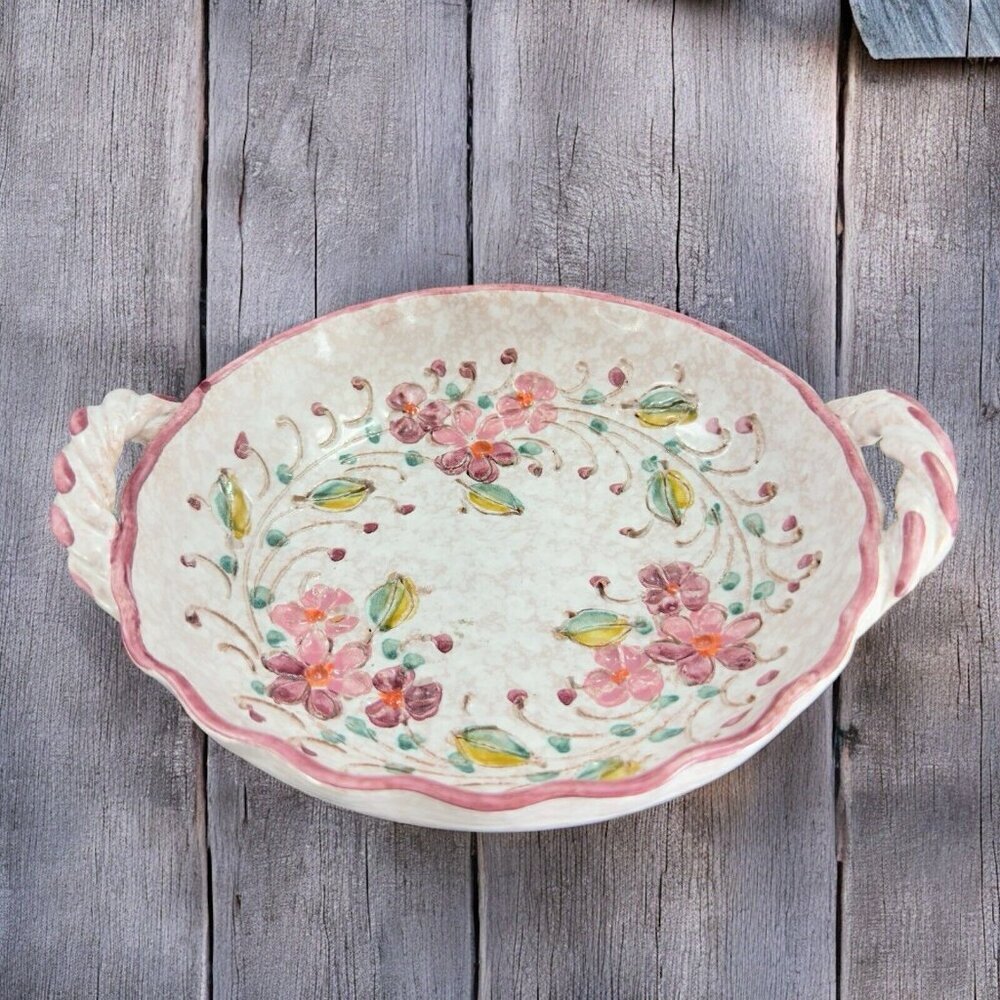 Vintage Italian Art Pottery Dish Bowl Hand Carved Hand Painted Dish With Handles